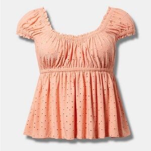 NWT Torrid 3X Peach Cap Sleeve Babydoll Top Eyelet Peasant Smocked Feminine